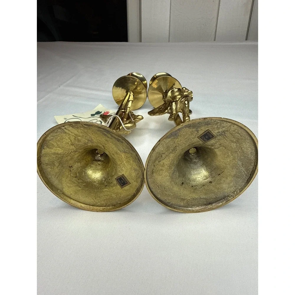 H&G Brass Cherub Angel Candlestick Holders Set of 2 Vintage Gold Taper Holders